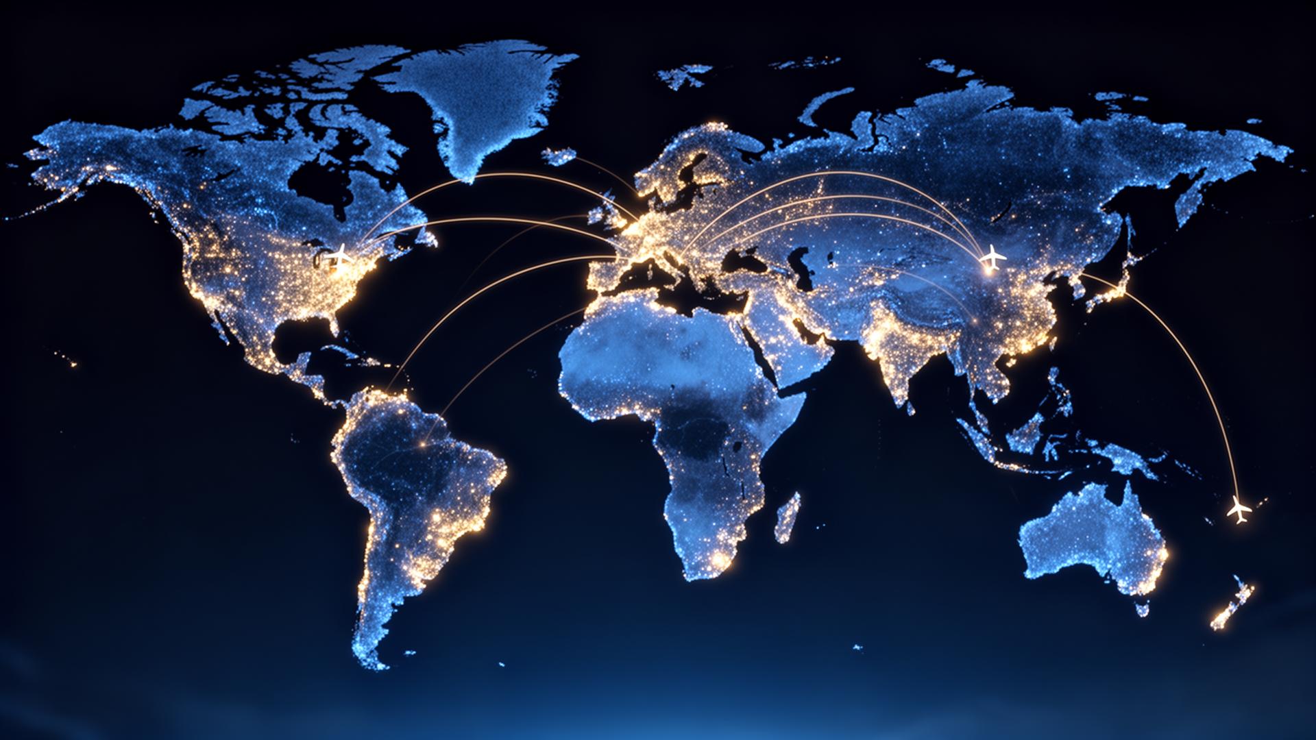 Glowing world map with flight paths